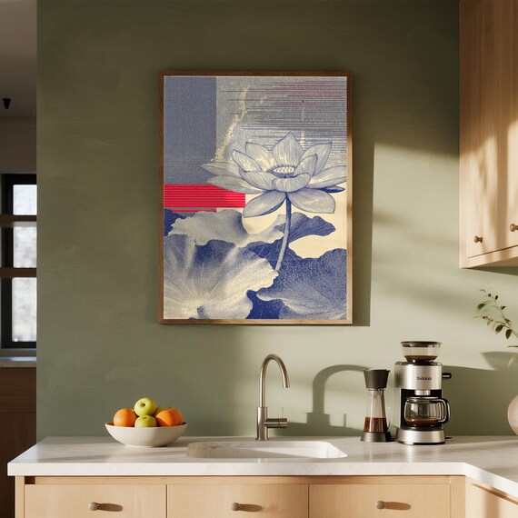 Blue Water Lily Lotus Japanese Botanical Ink Style Floral Art Poster