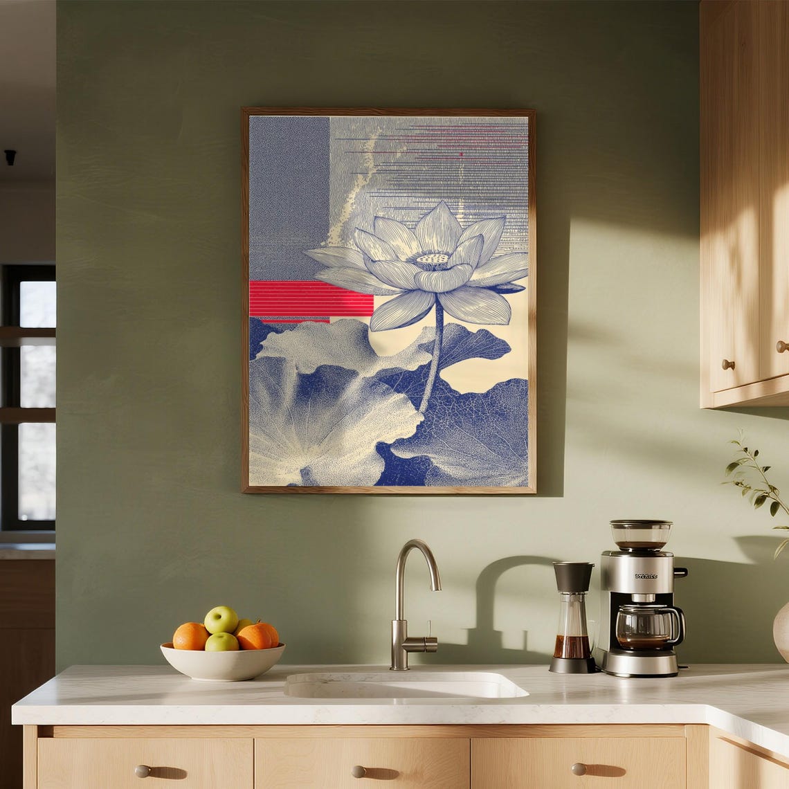 Blue Water Lily Lotus Japanese Botanical Ink Style Floral Art Poster
