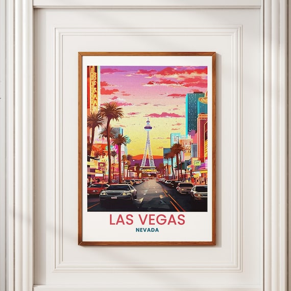 Las Vegas Nevada Neon Sunset Strip Palm Cityscape Travel Poster