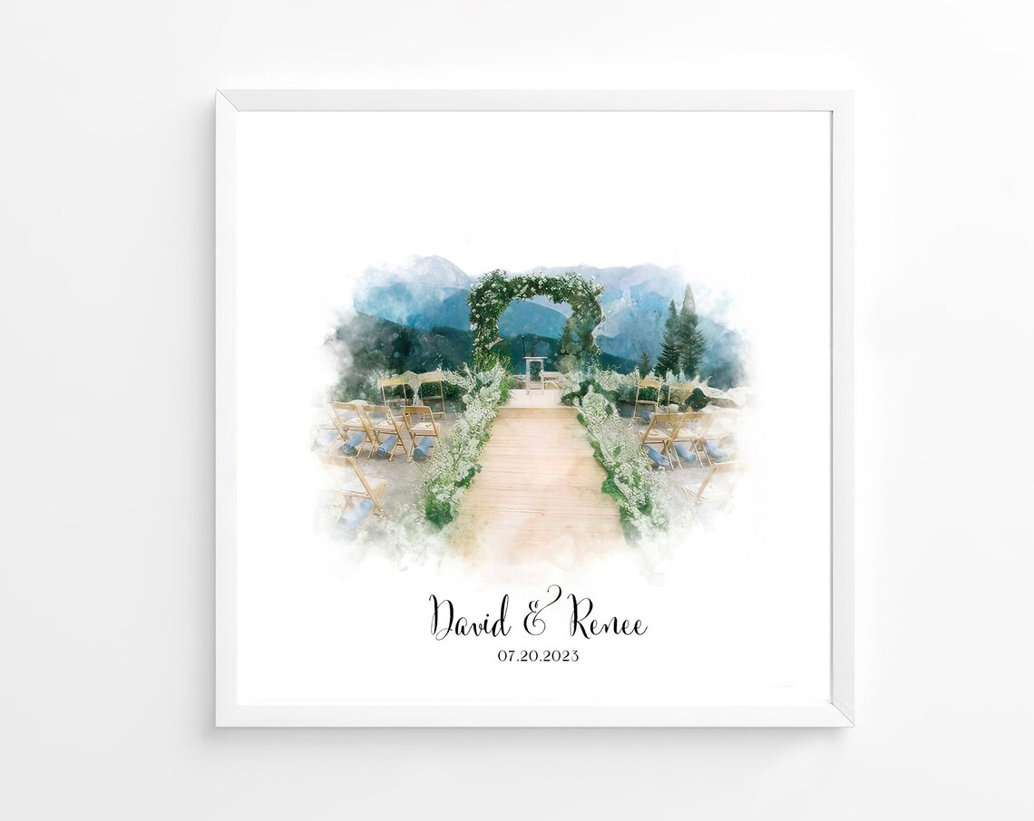 Custom Watercolor Mountain Wedding Ceremony Aisle Painting Poster