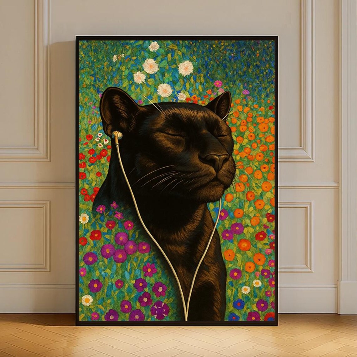 Black Cat Listening To Music Among Flowers Whimsical Art Print