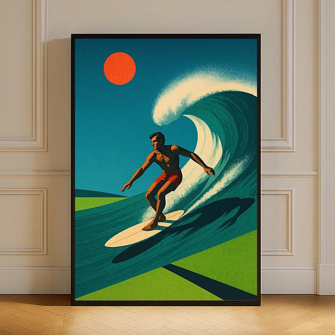 Retro Surfer Riding Big Wave Under Red Sun Vintage Surf Art Poster
