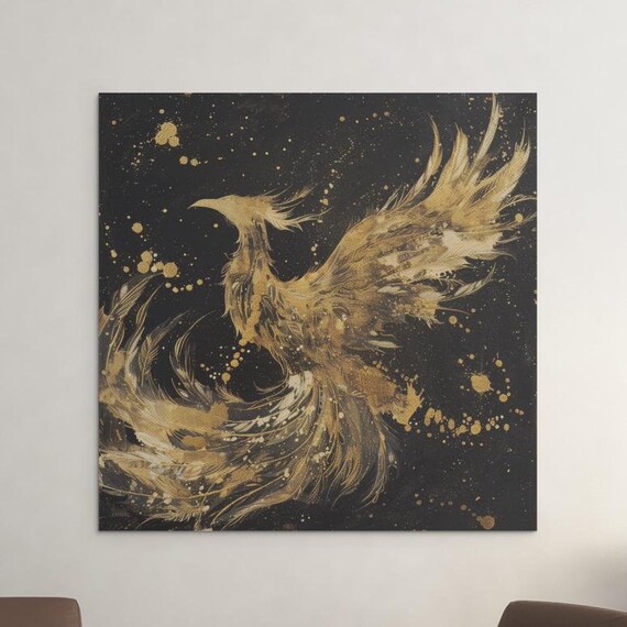 Rising Phoenix Wall Art Phoenix Print Gold Sketch Starry Night Sky Home Decor Black Gold Contrast Artwork Bedroom Decor