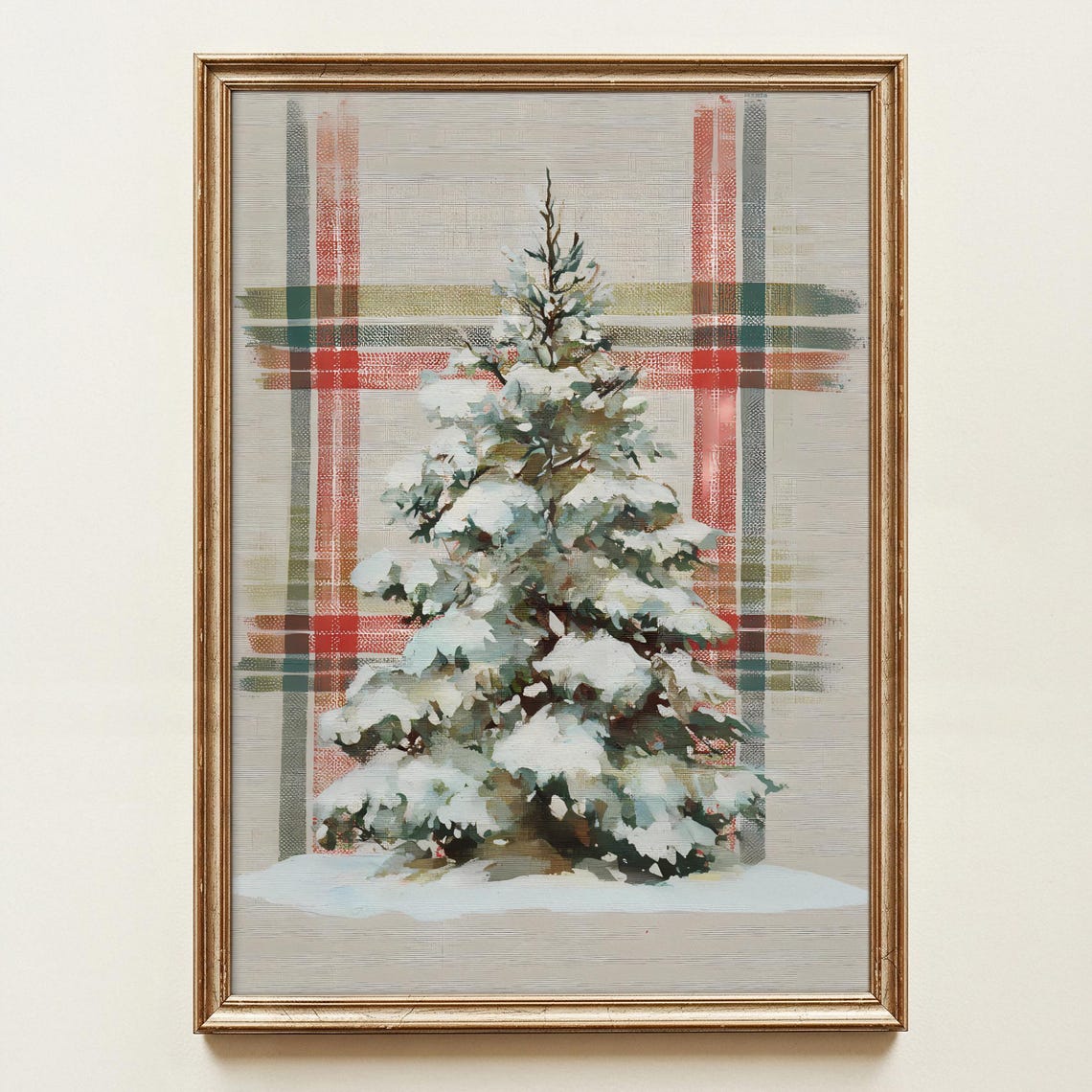 Snowy Pine Tree Christmas Plaid Background Farmhouse Winter Art Print