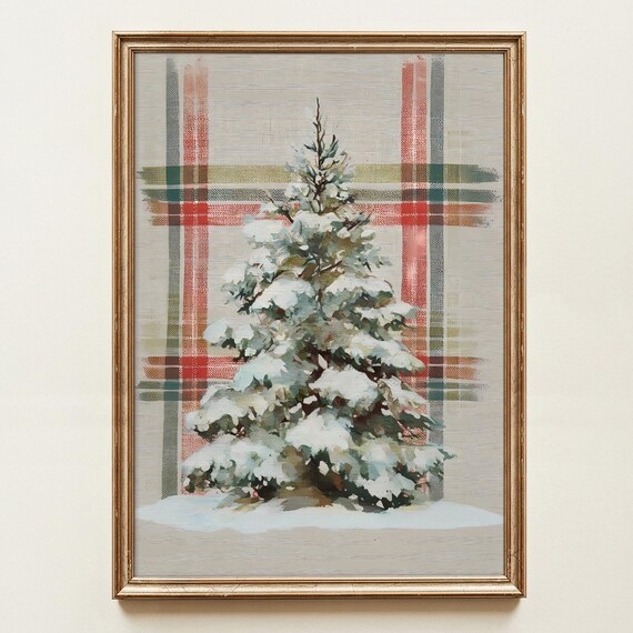 Snowy Pine Tree Christmas Plaid Background Farmhouse Winter Art Print