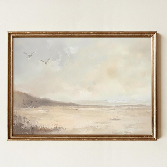 Neutral Coastal Landscape Painting With Seagulls Minimalist Wall Art