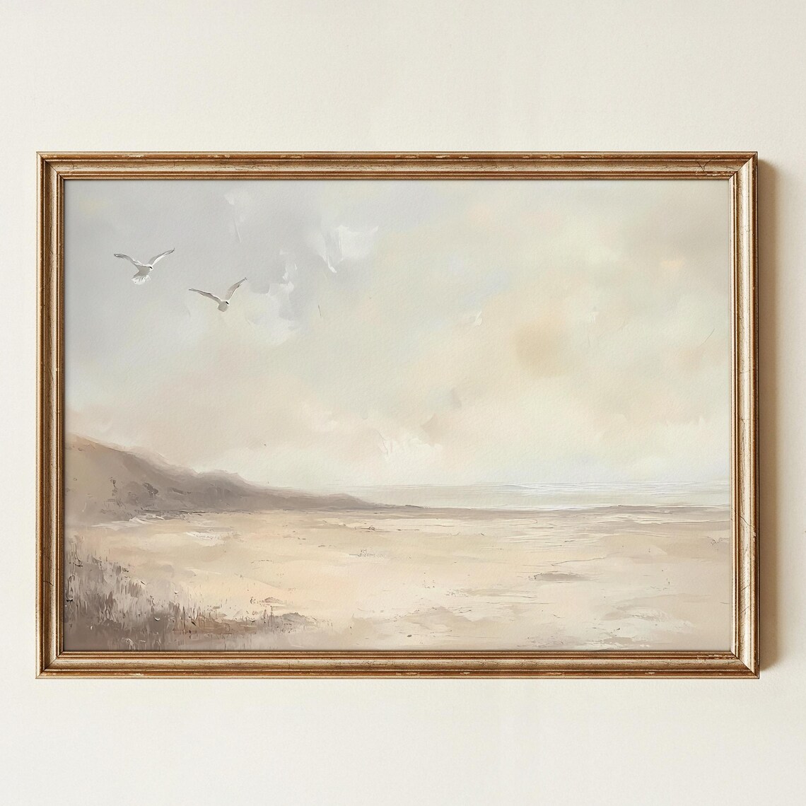 Neutral Coastal Landscape Painting With Seagulls Minimalist Wall Art