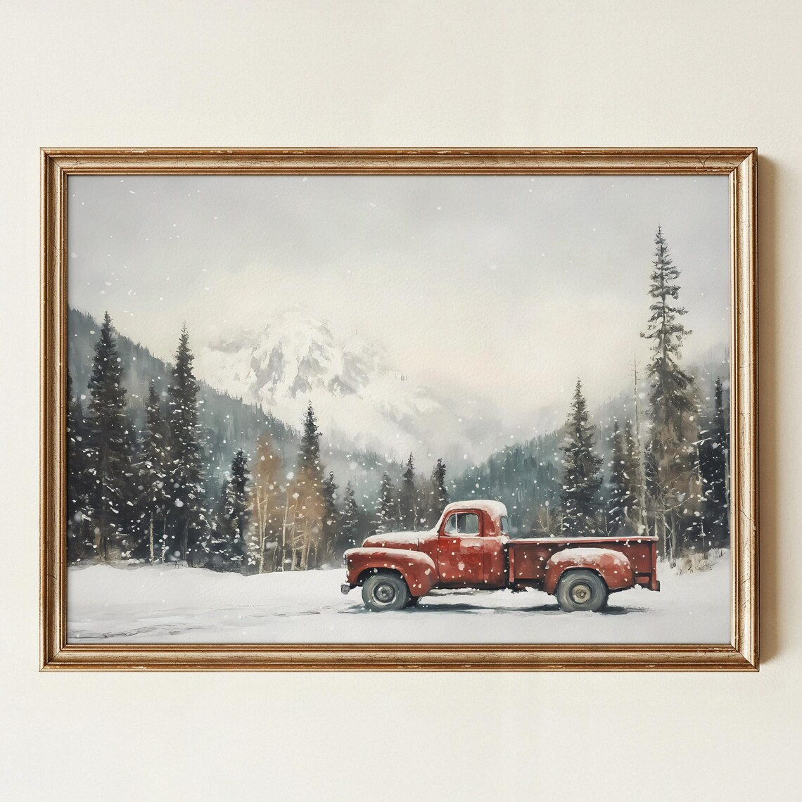 Vintage Red Pickup Truck in Snowy Mountains Winter Cabin Poster