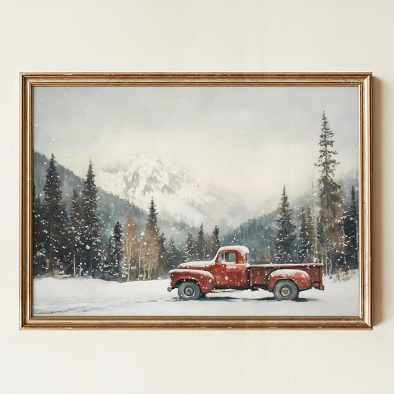 Vintage Red Pickup Truck in Snowy Mountains Winter Cabin Poster