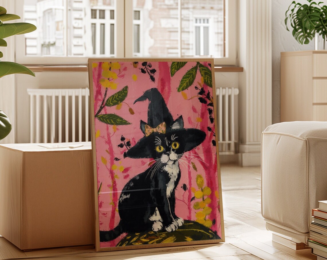Tuxedo Kitten In Tall Witch Hat Sitting In A Pink Flower Garden Poster