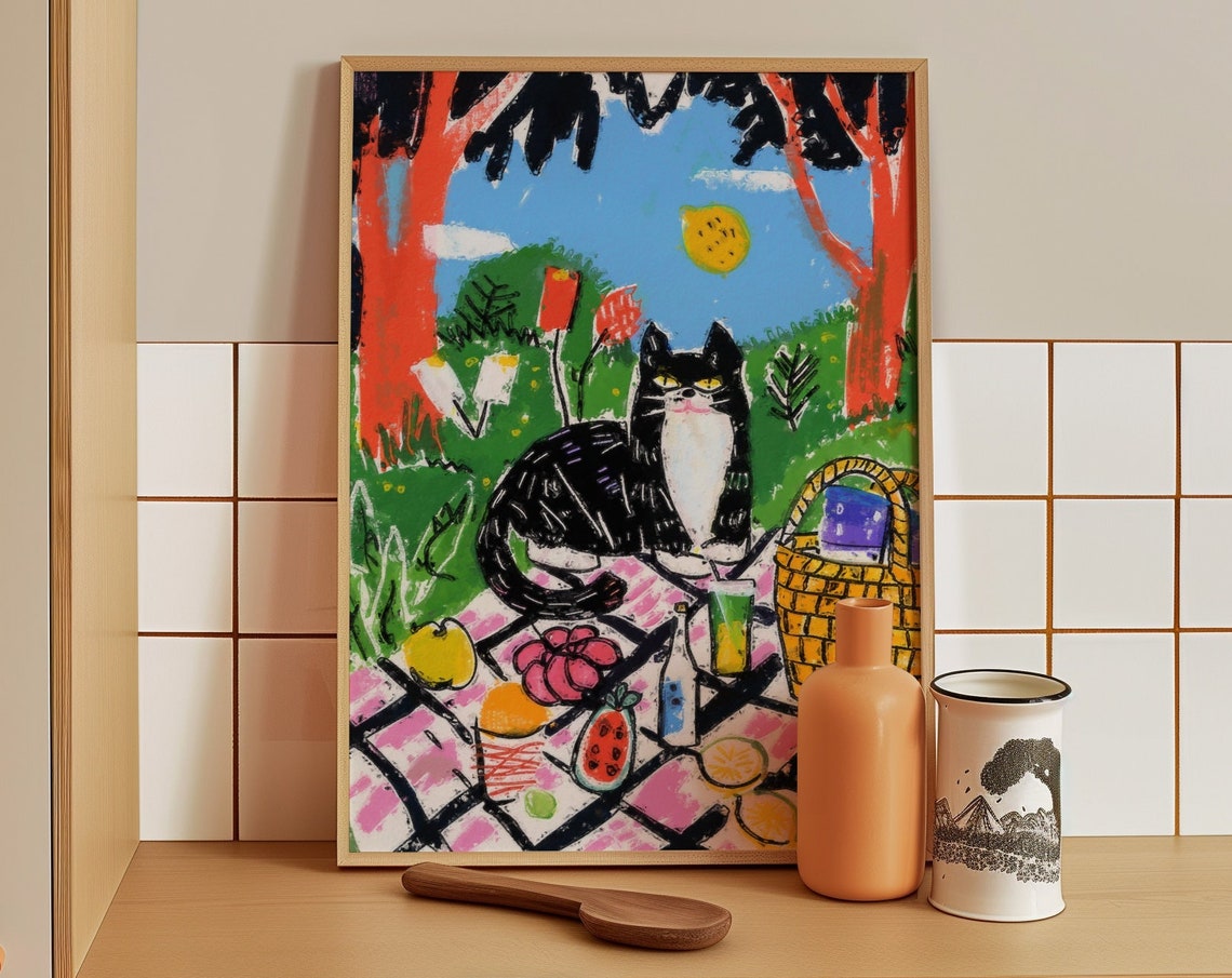 Black and White Cat Enjoying a Sunny Picnic in the Park Poster