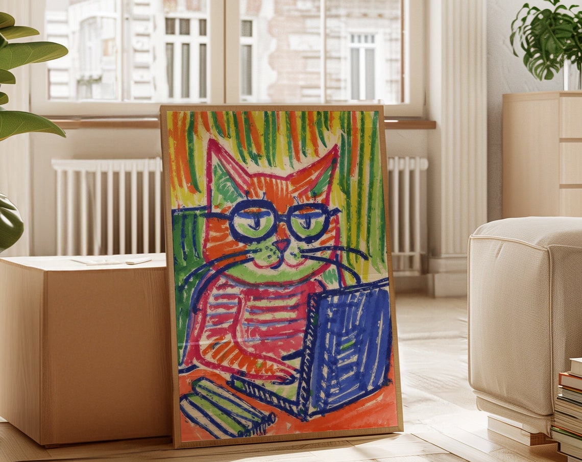 Funny Office Cat With Glasses Working On Laptop Remote Work Poster