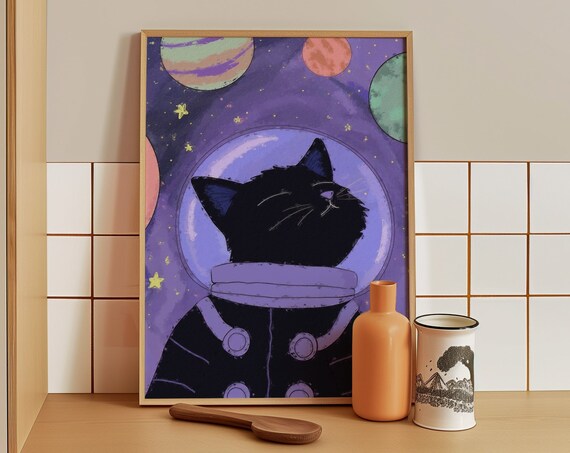 Black Cat Astronaut In Space Helmet Floating Among Planets Poster