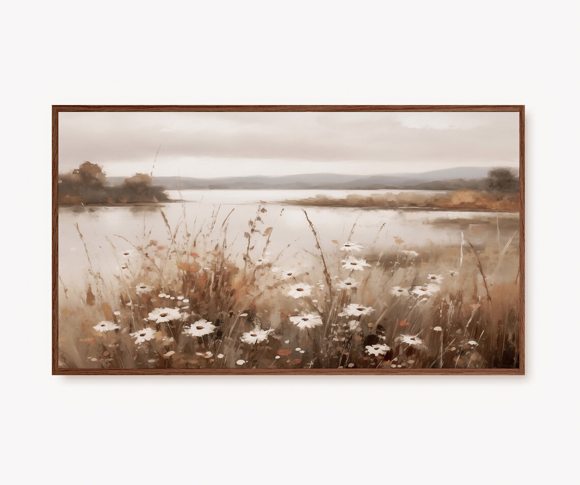 Fall Landscape Painting, Moody Vintage Wildflowers