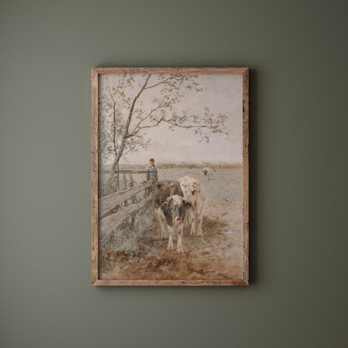 Vintage Muted Painting of Cows Walking Along Pasture Fence Poster