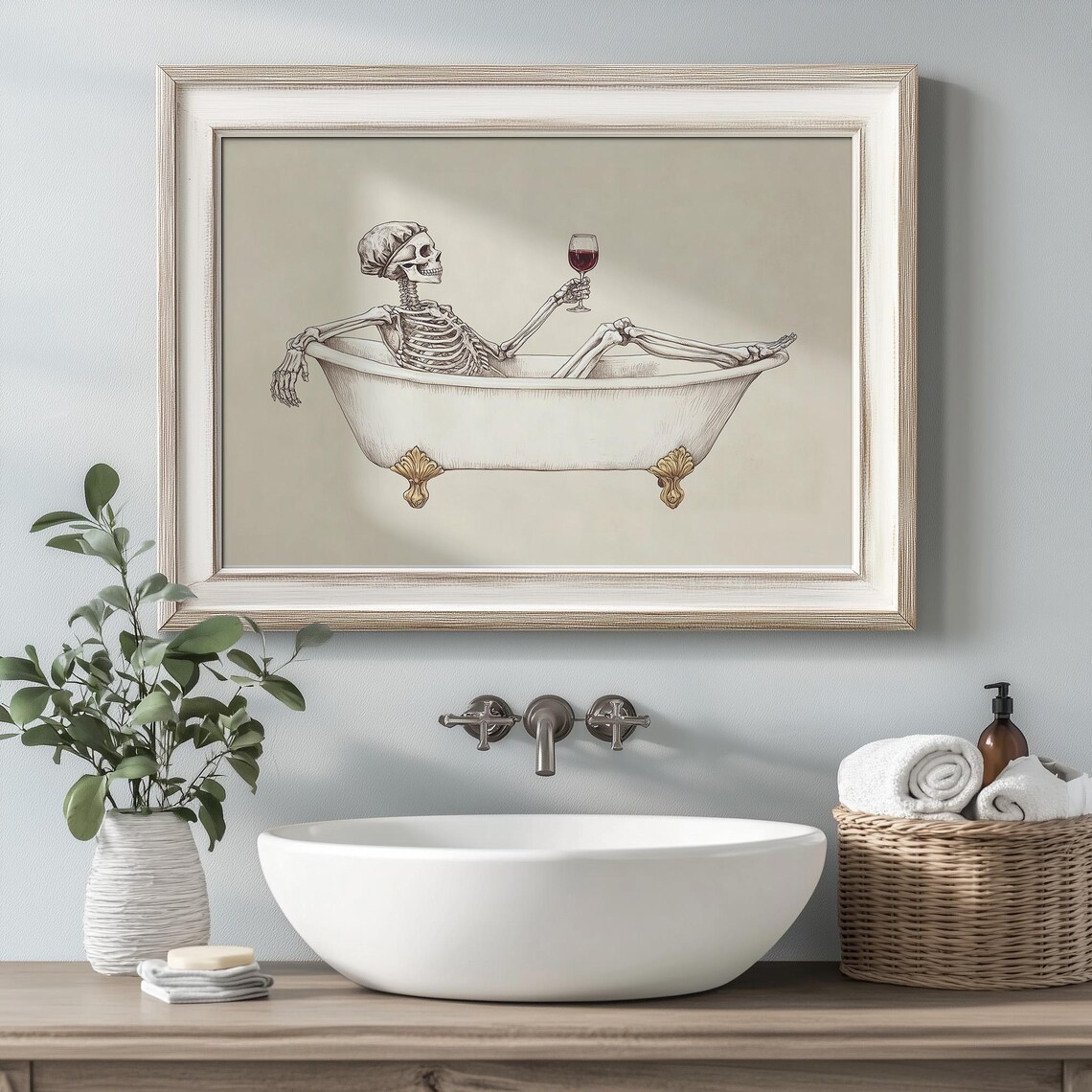 Funny Skeleton Drinking Wine In Bathtub Art Print - Image 2