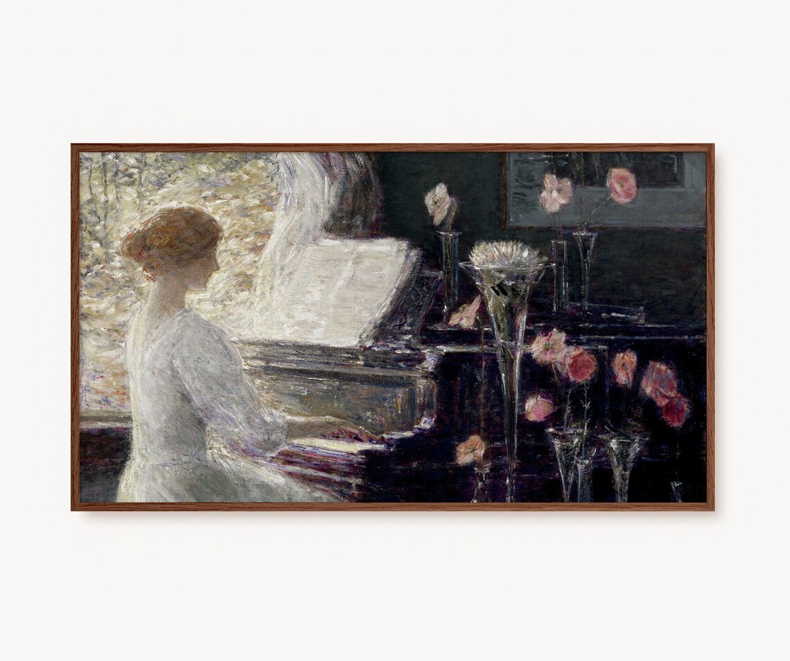 Woman At The Piano With Flowers Vintage Impressionist Painting Poster