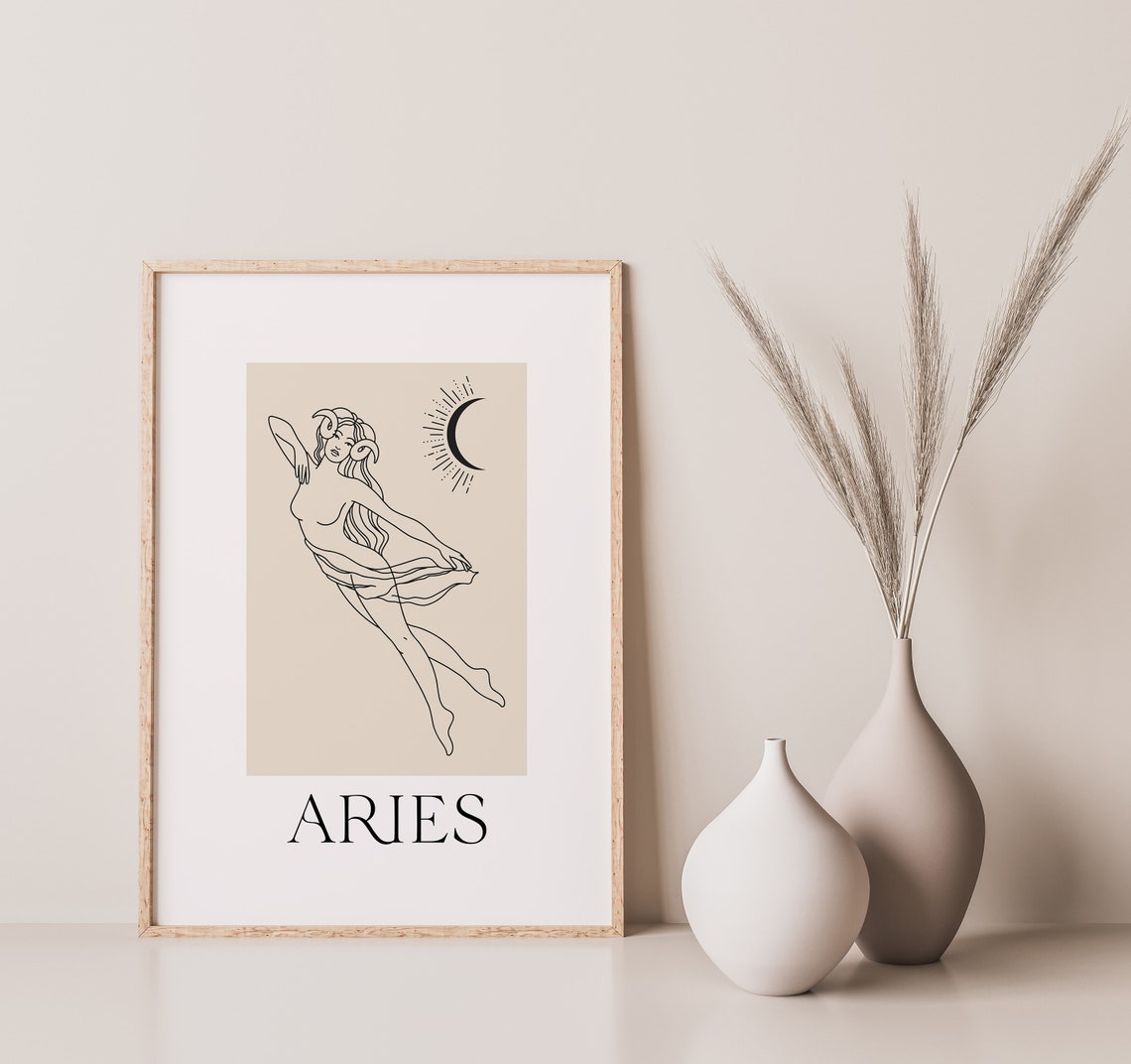 Aries Zodiac Line Art Moon Goddess Minimalist Astrology Poster - Image 2