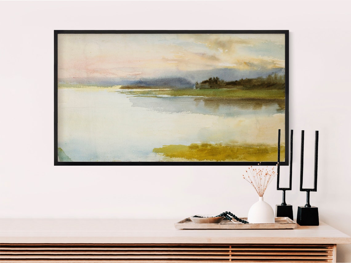 Soft Pastel Watercolor Coastal Lake Seascape Serene Painting Print - Image 2