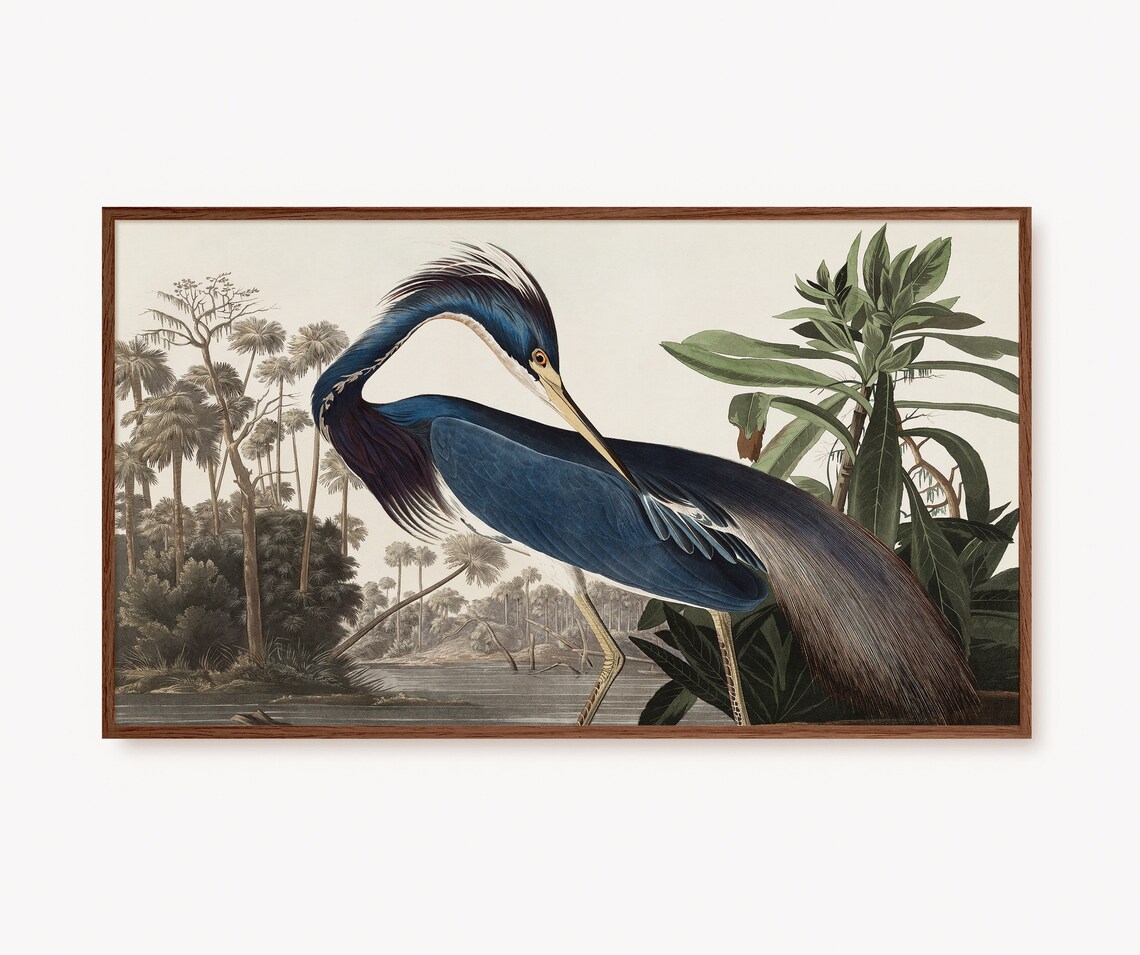 Vintage Blue Heron Artwork, Navy Bird Art Print