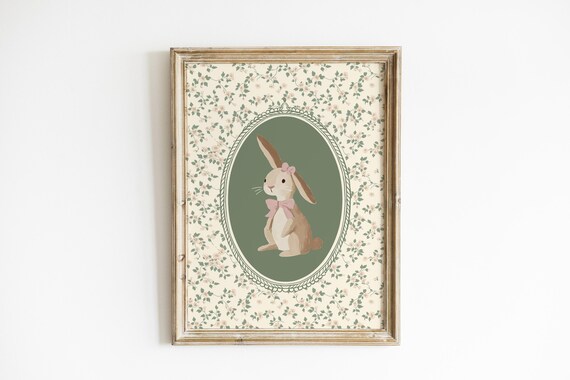 Vintage Bunny Pink Bow Oval Sage Floral Easter Nursery Wall Art Poster