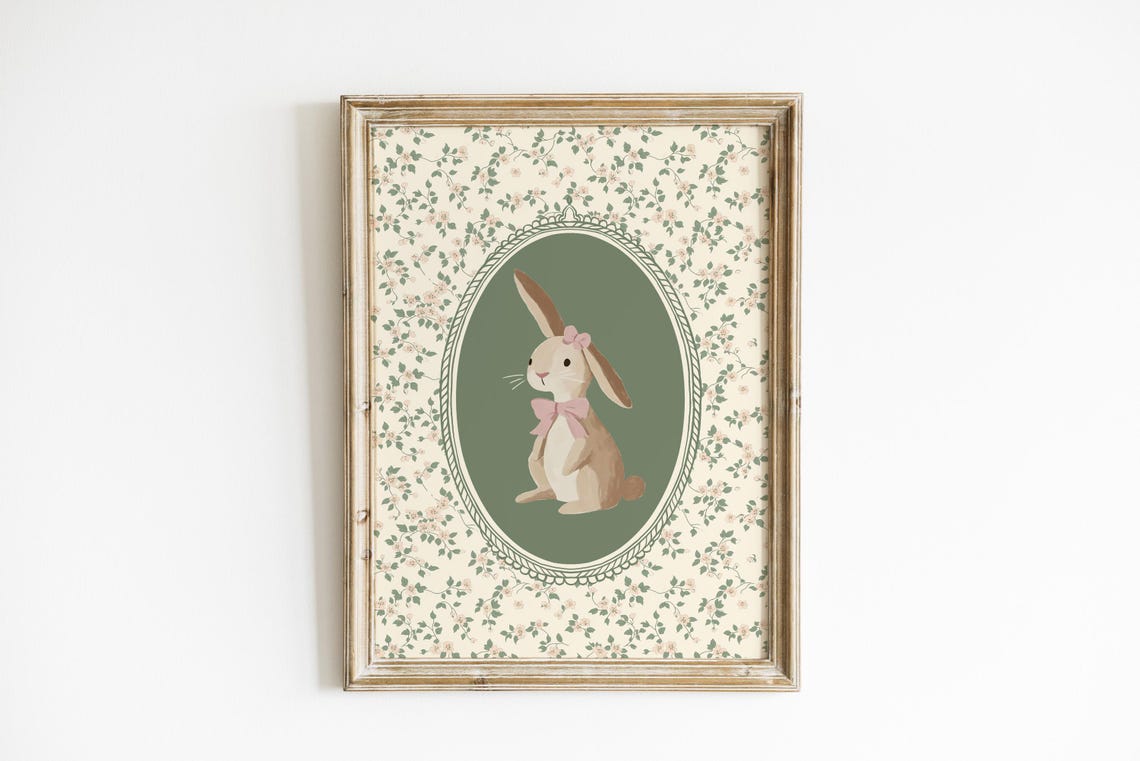 Vintage Bunny Pink Bow Oval Sage Floral Easter Nursery Wall Art Poster
