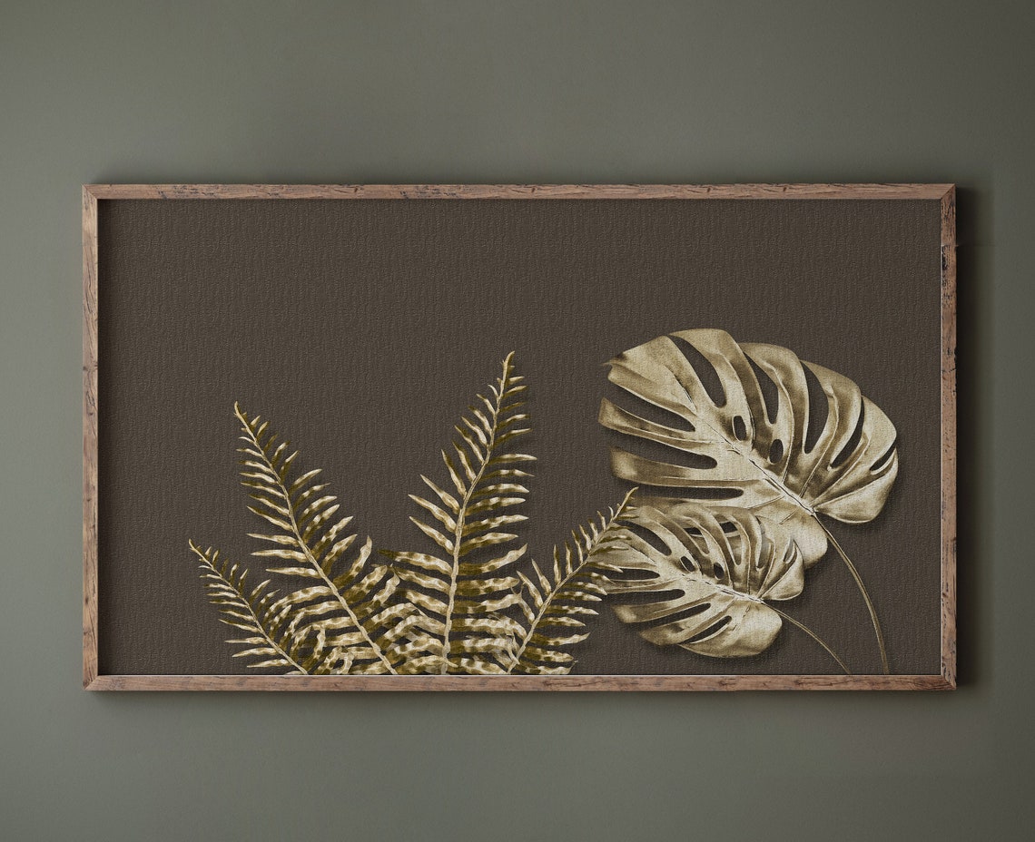 Gold Monstera and Fern Leaves Botanical Decor Poster on Dark Brown - Image 2
