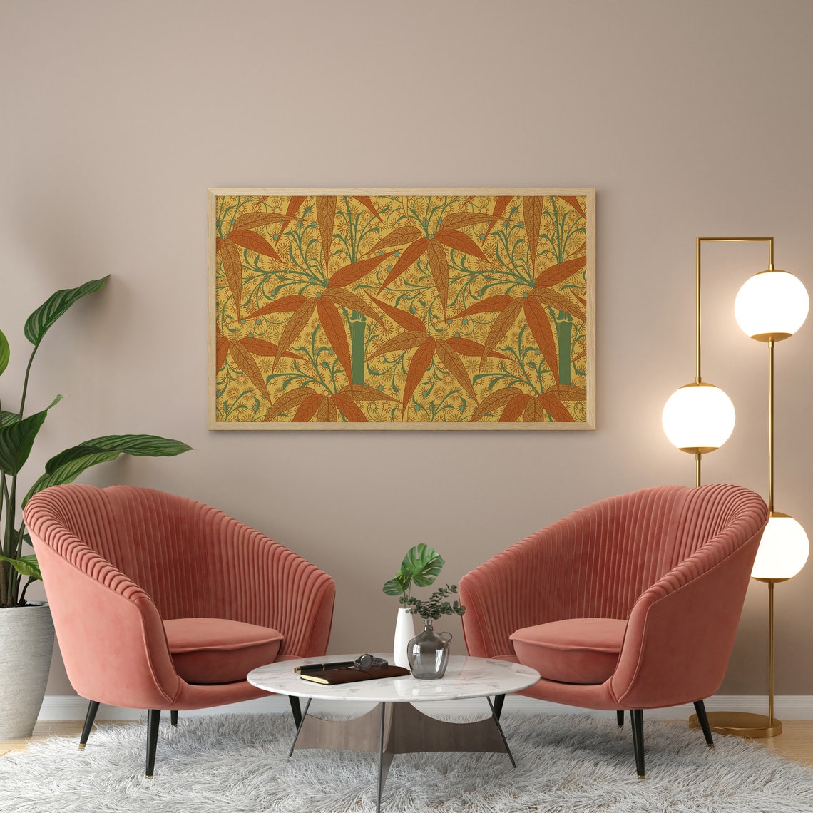 William Morris Style Bamboo Orange Floral Vintage Botanical Poster - Image 2