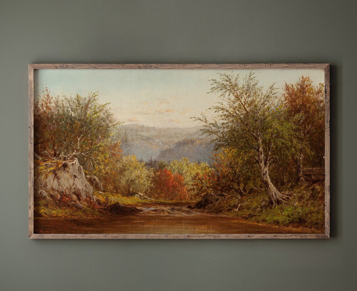 Golden Autumn River Valley Vintage Landscape Oil Painting Poster - Image 2