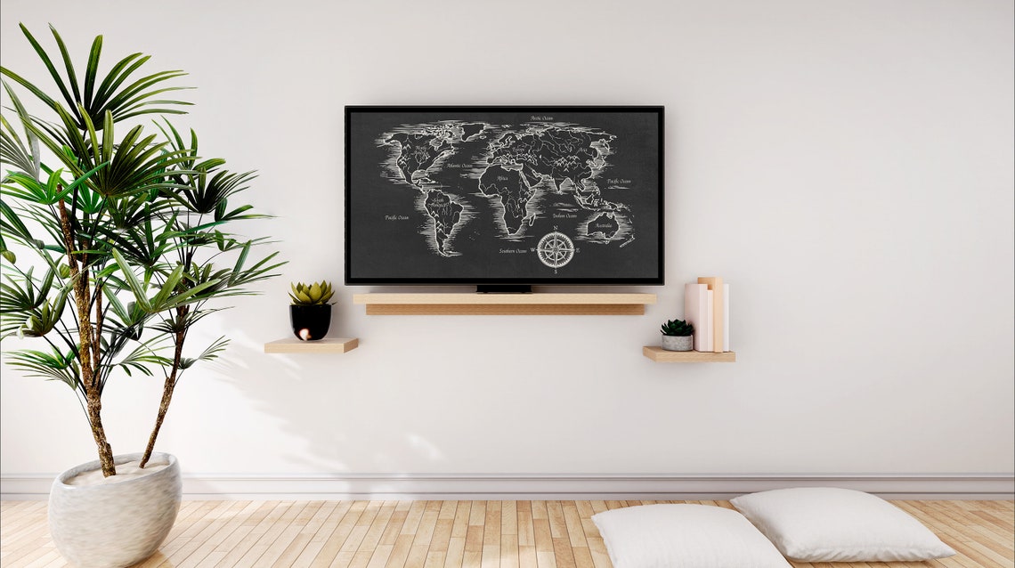 Vintage World Map Sketch Black and White Compass Decor Poster - Image 2