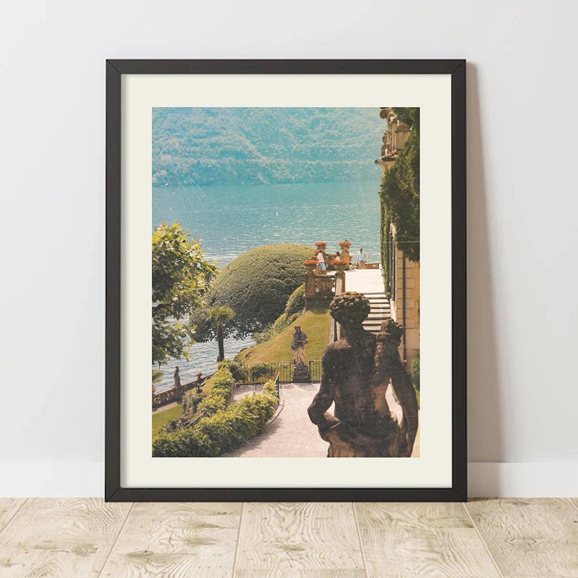Lakeside Villa Terrace with Classical Statues Garden View Poster - Image 2