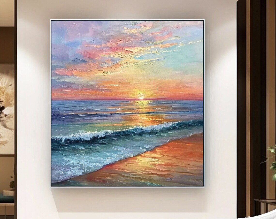 Pink Orange Sunset Ocean Waves Vertical Modern Seascape Art Poster