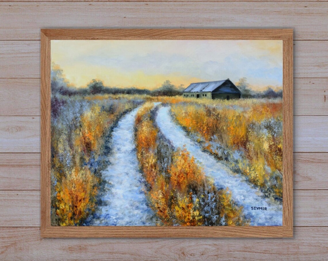 Old Barn In Snowy Field Winter Landscape Oil Painting Poster - Image 5