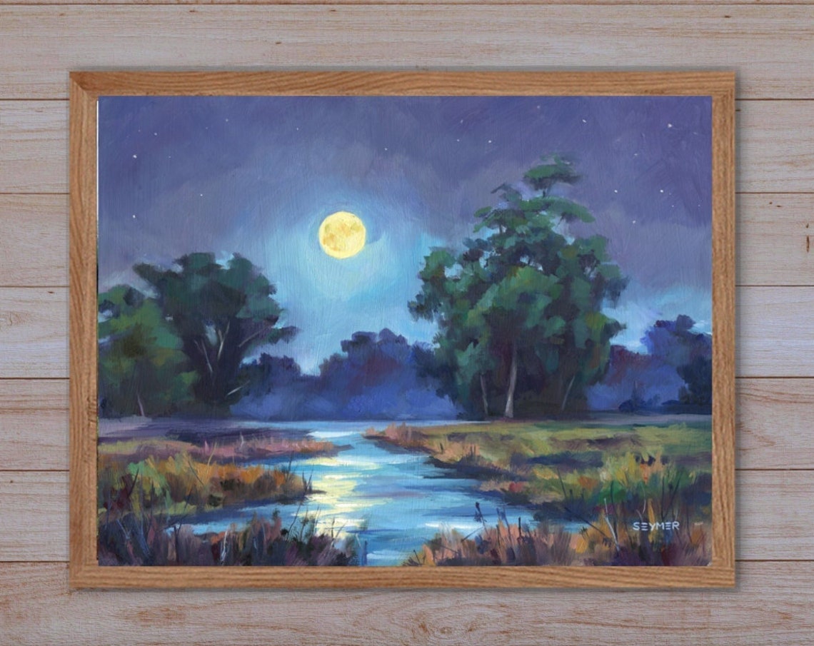 Glowing Full Moon Rising over a Quiet River on a Starry Night Poster - Image 5