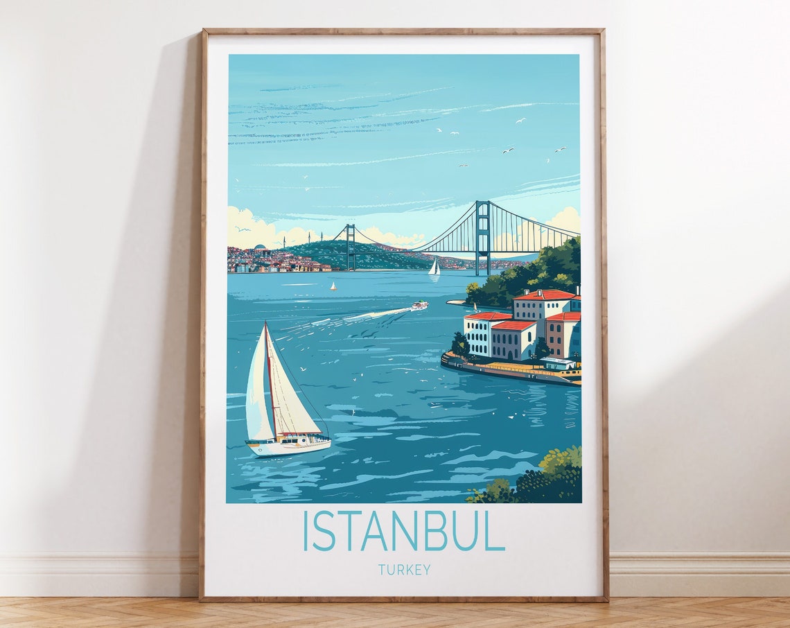 Istanbul Turkey Bosphorus Bridge Sailboats Scenic Travel Poster