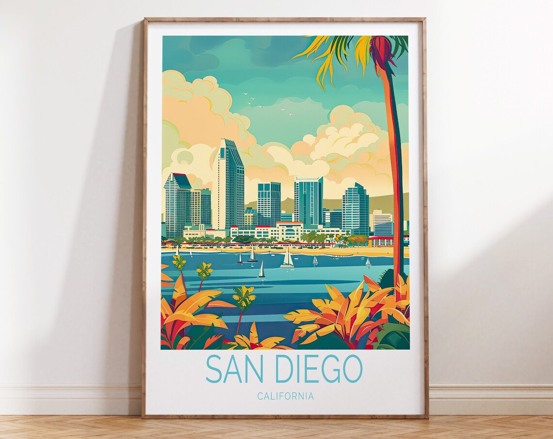 San Diego California Skyline Harbor Vintage Coastal Travel Poster