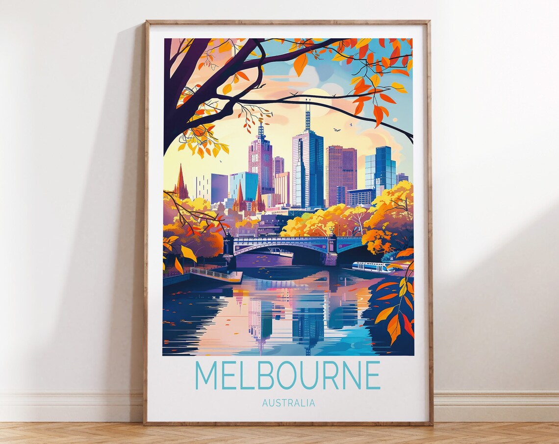 Melbourne Australia Autumn Skyline Yarra River Travel Poster