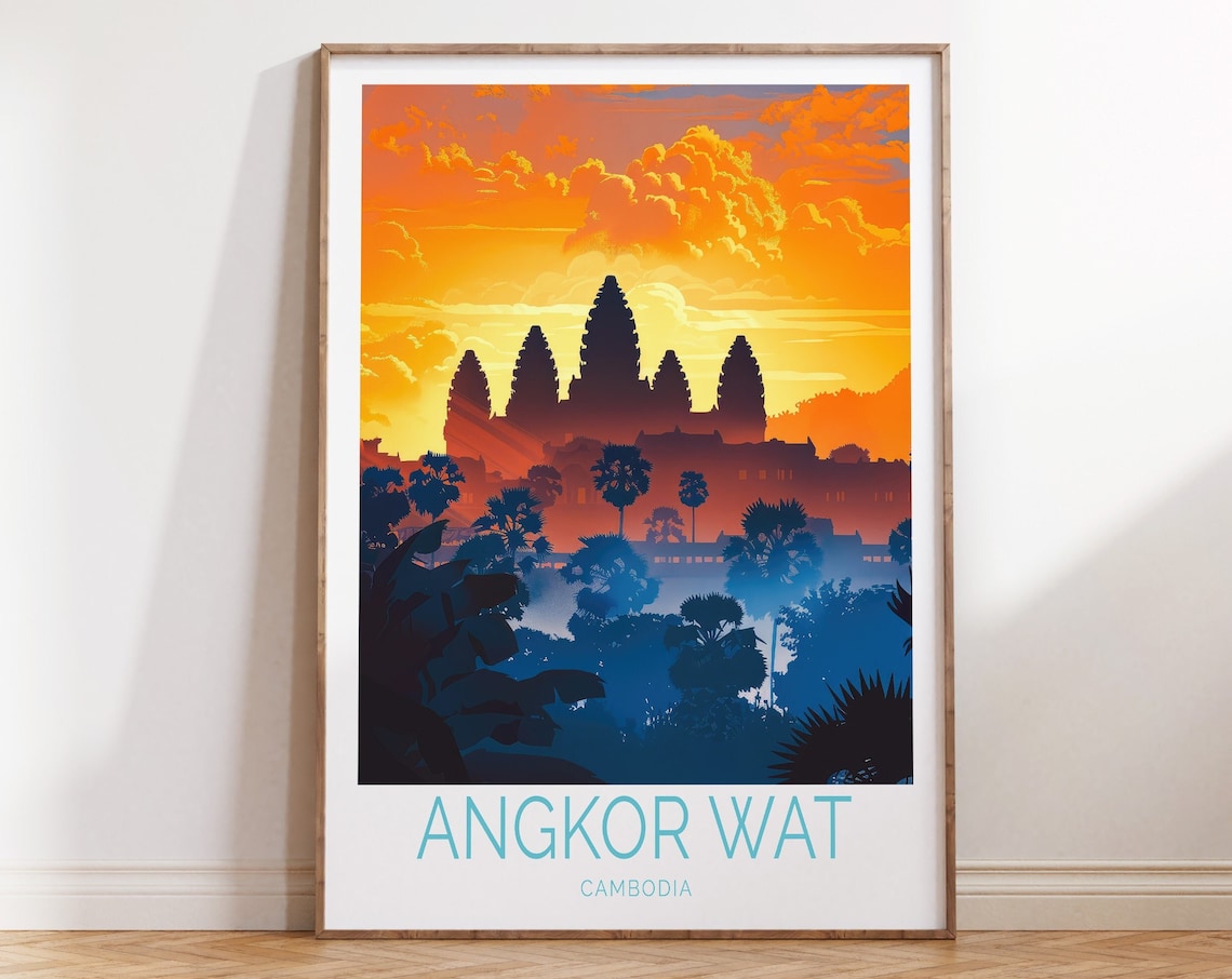 Angkor Wat Cambodia Fiery Sunset Silhouette Temple Travel Poster