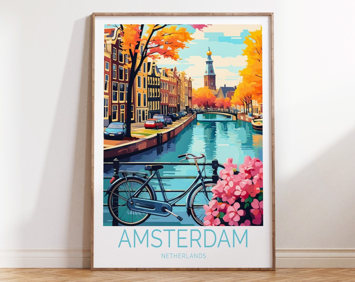 Amsterdam Netherlands Canal Bicycle Autumn Houses Travel Poster