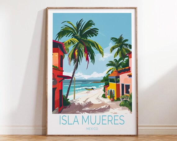 Isla Mujeres Mexico Beach Palm Trees Colorful Vintage Travel Poster