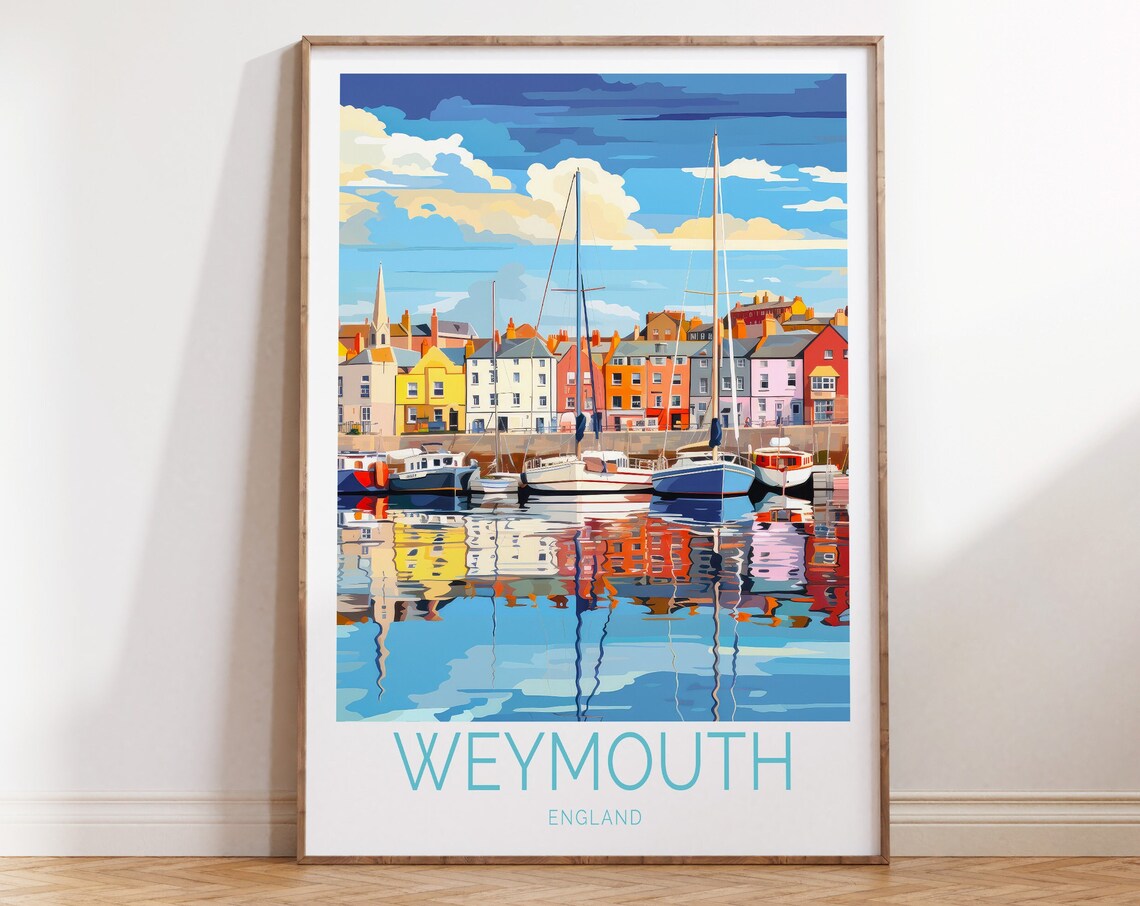 Weymouth England Colorful Harbor Sailboat Scene Travel Poster