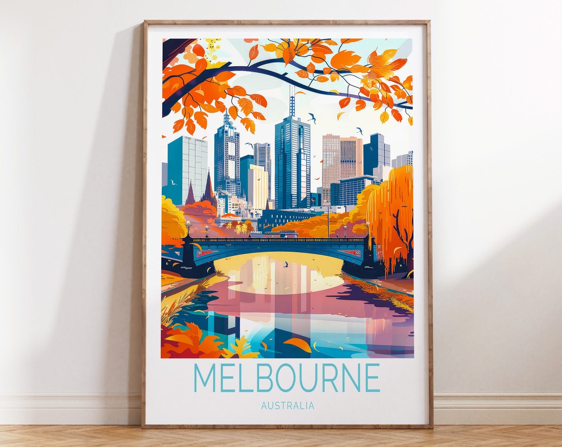 Melbourne Australia Autumn Skyline River Bridge Cityscape Poster