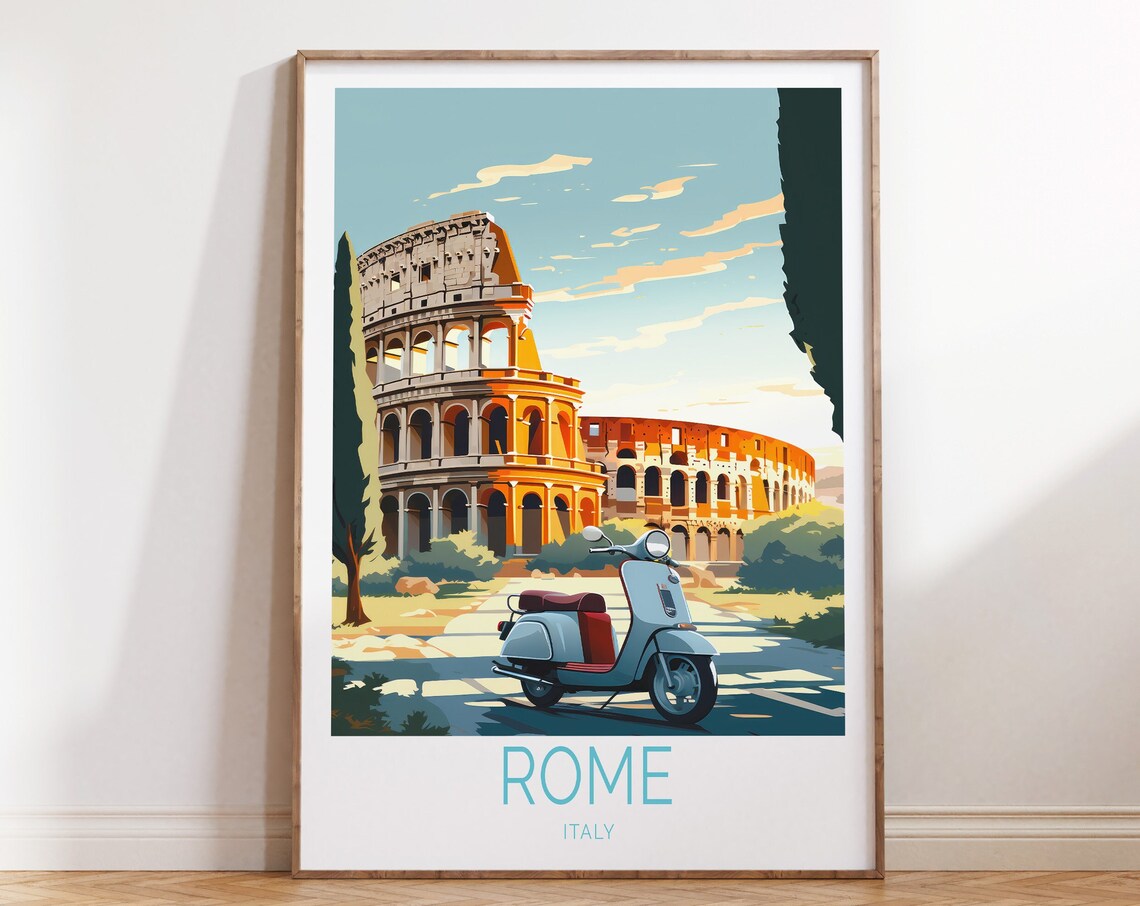 Rome Italy Travel Poster Colosseum With Scooter Daytime Sky Scene
