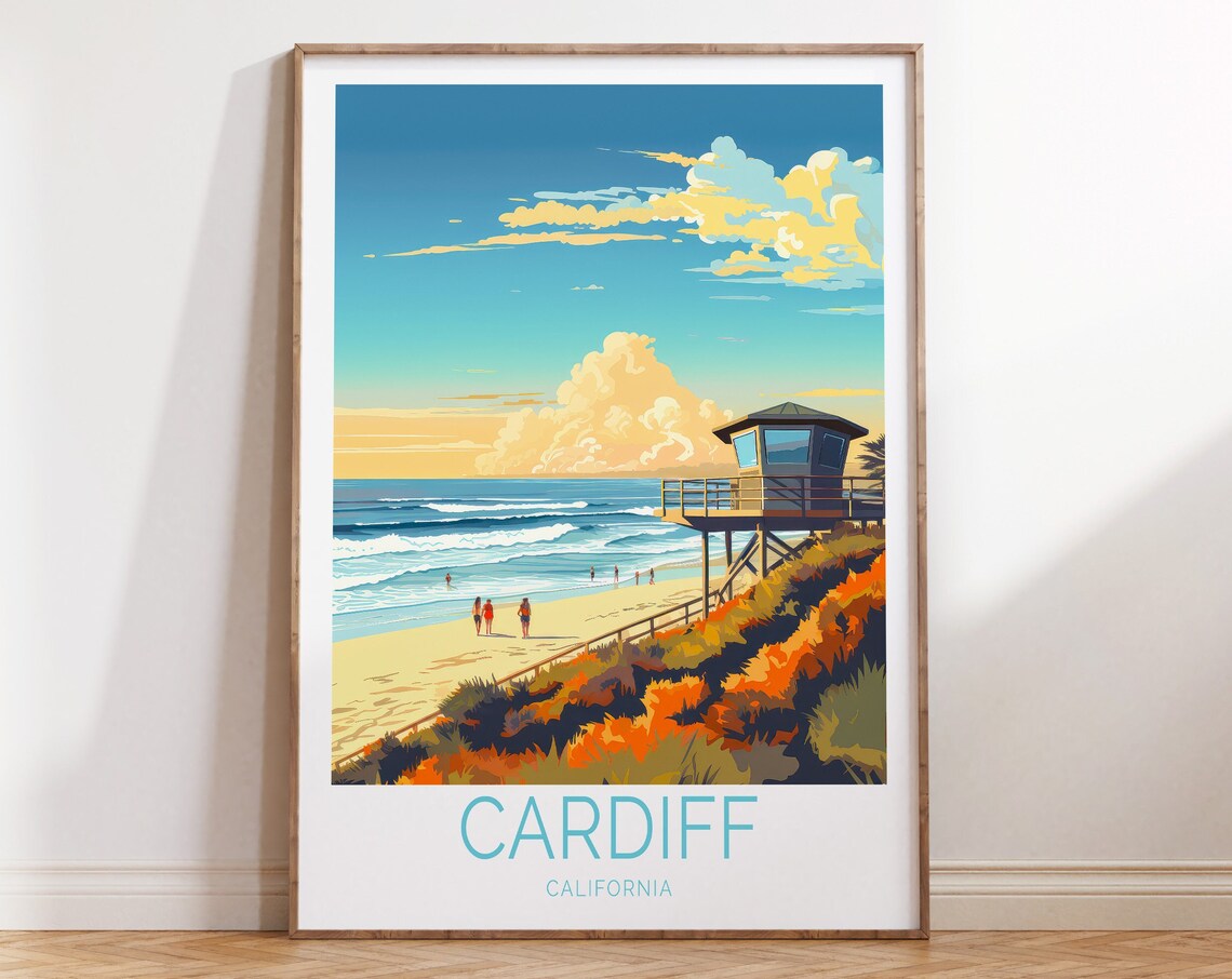 Cardiff California Surf Beach Lifeguard Tower Sunset Scene Poster