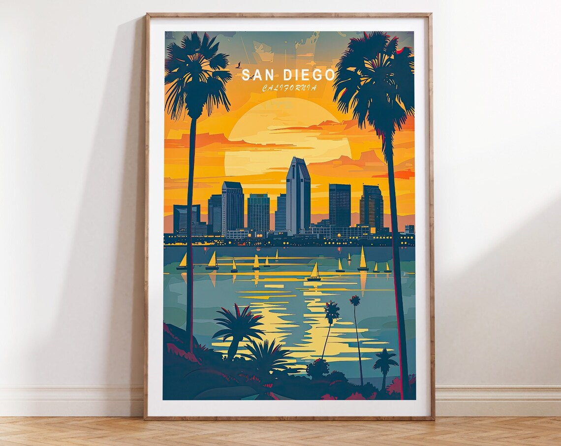 San Diego California Sunset Skyline Palm Trees Vintage Travel Poster