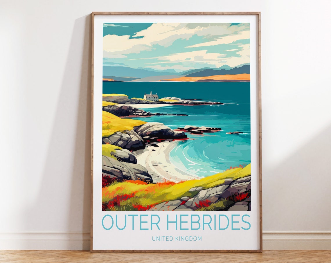 Outer Hebrides Scotland Rocky Coastline Cottage Turquoise Sea Poster