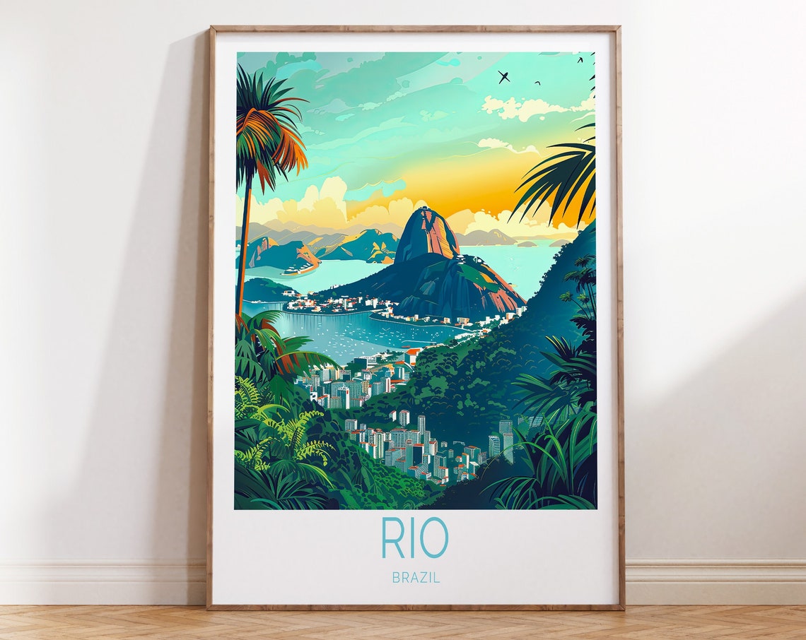 Rio de Janeiro Brazil Sugarloaf Sunset Vintage Travel Poster