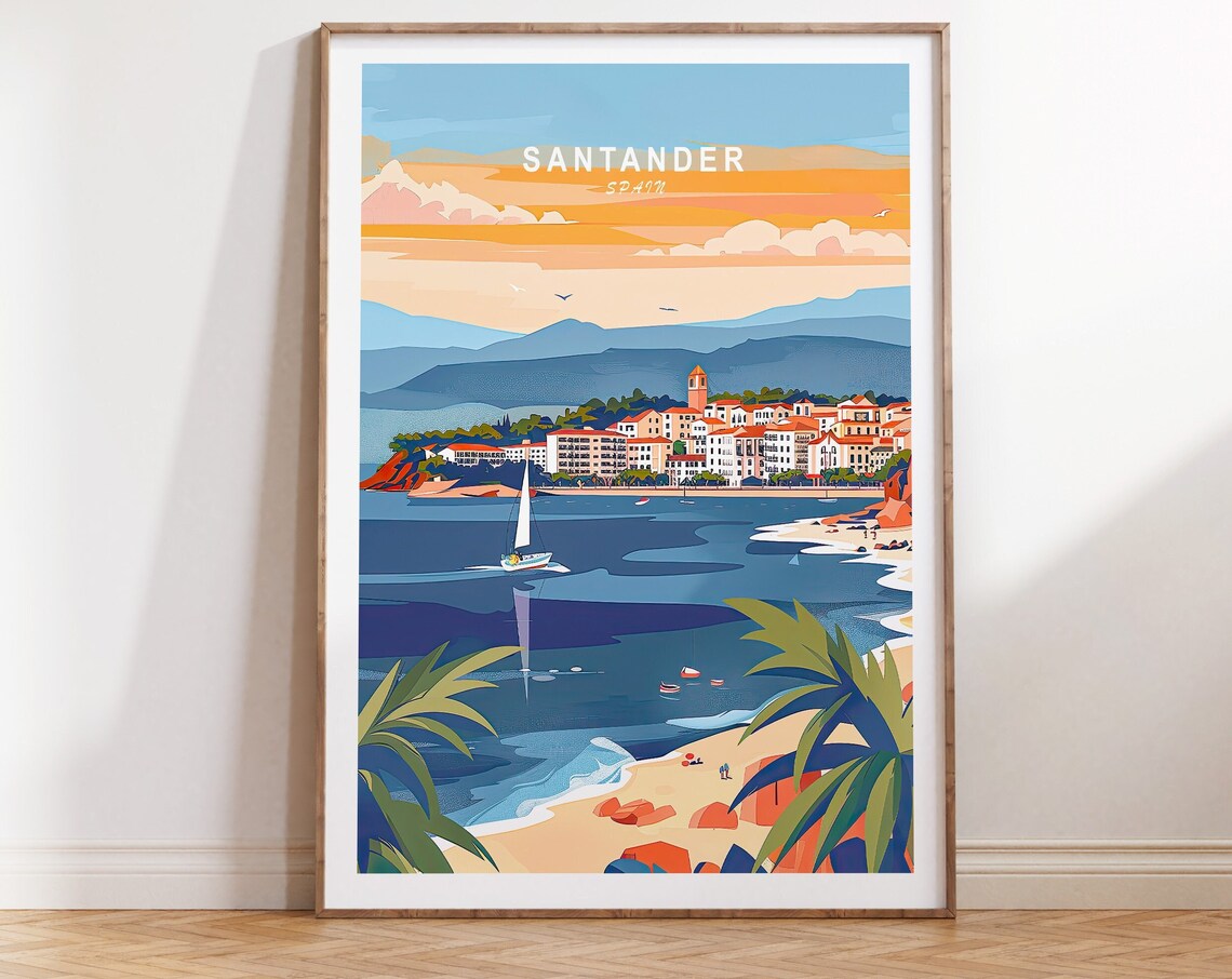 Santander Spain Bay Sunset Sailboats Beach Palm Coast Travel Poster