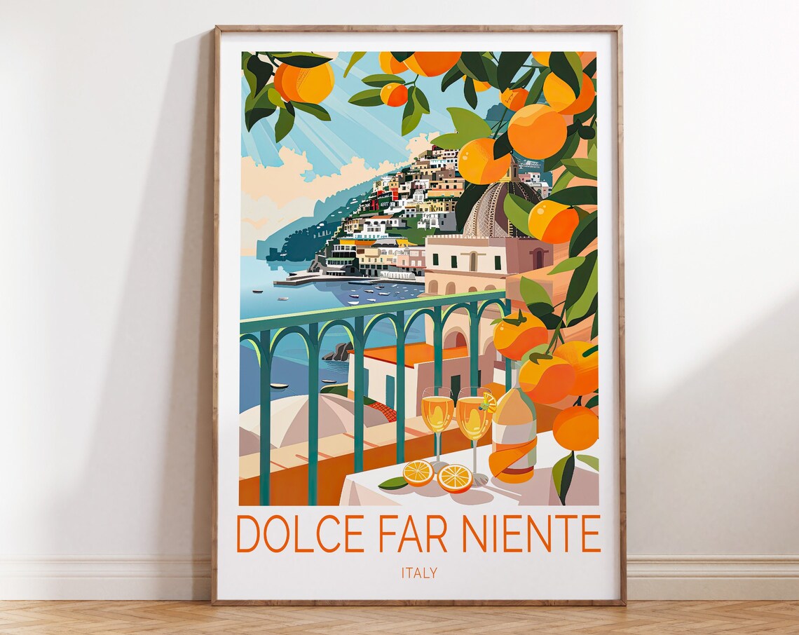 Dolce Far Niente Italy Coast Oranges Balcony Retro Travel Poster
