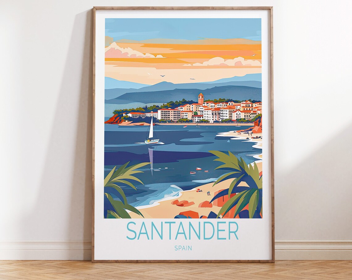 Santander Spain Sunset Coastal City Sailboats Vintage Travel Poster